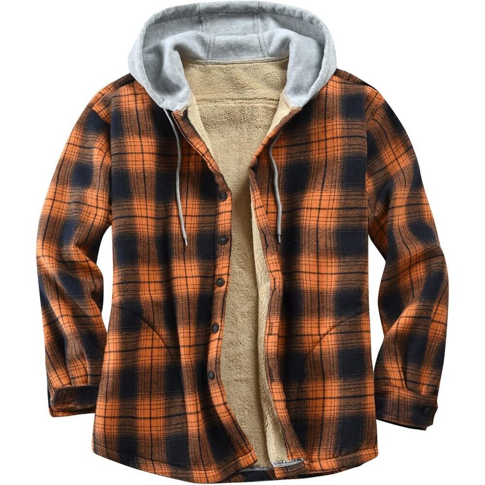 Men's Orange Cotton Plaid Fleece Lined Flannel Shirts Button Down Jackets